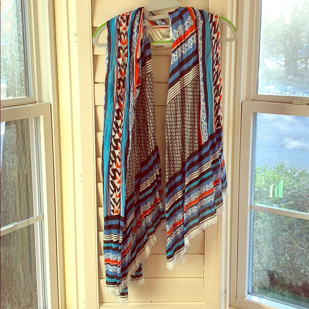 Black, Blue, White, and Red Patterned Scarf.